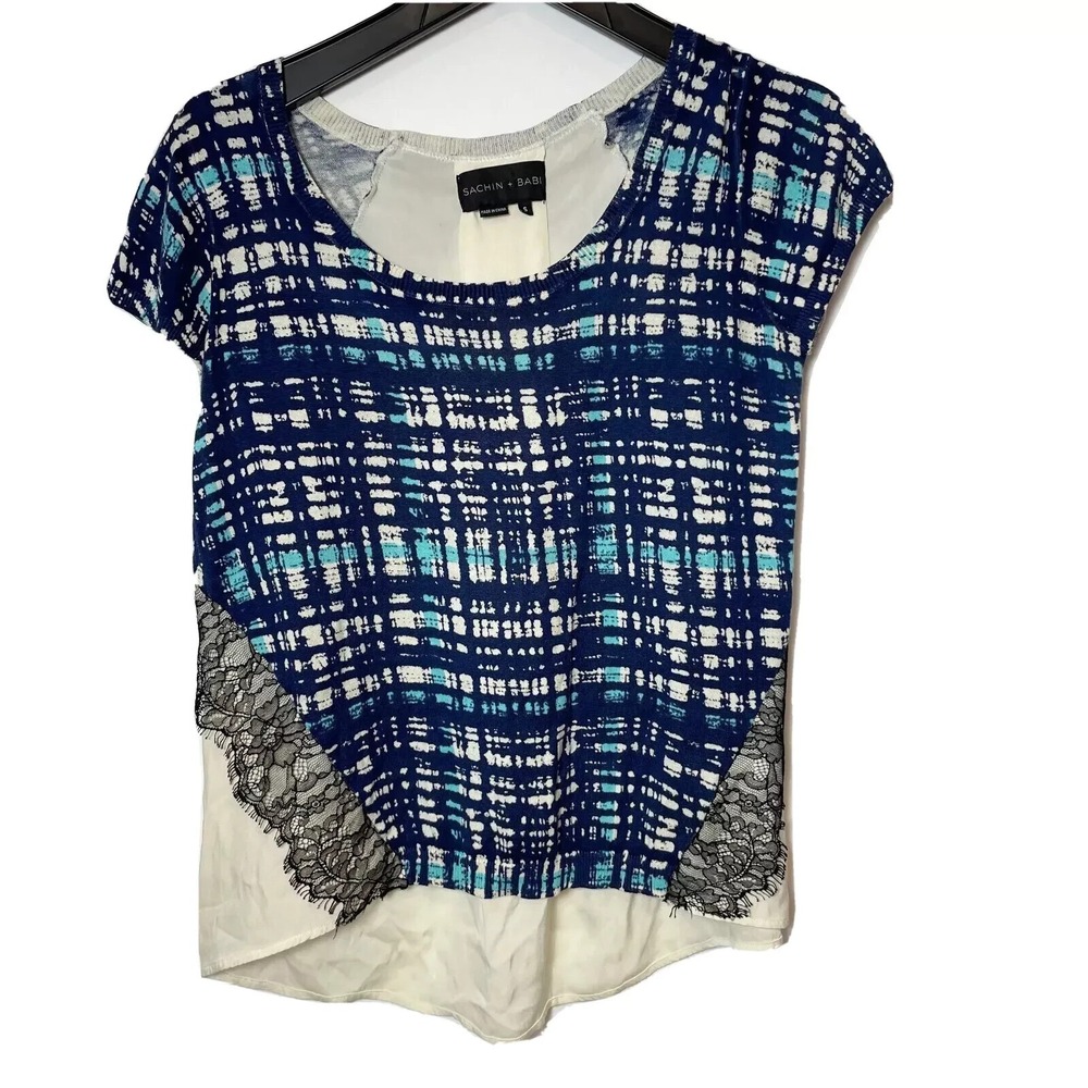 Sachin‎ + Babi Silk Blend Blouse Top Womens Size S Blue Lace Trim High Low Hem